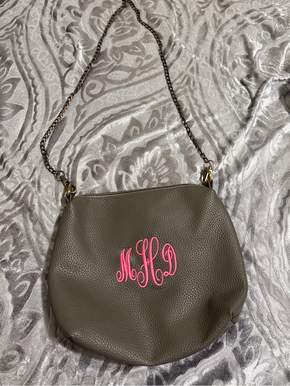 Thirty One Gray Leather Crossbody Bag with Pink Monogram